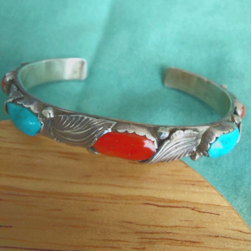 Bracelet-Simplicio Sterling Turquoise and RED Coral.  1/2" wide open cuff
